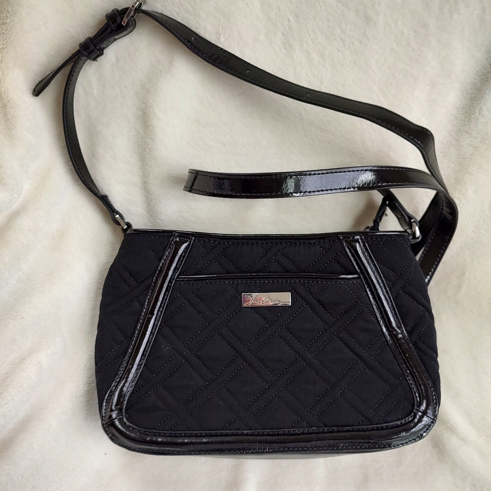 Vera Bradley black trapeze crossbody bag with colorful lining